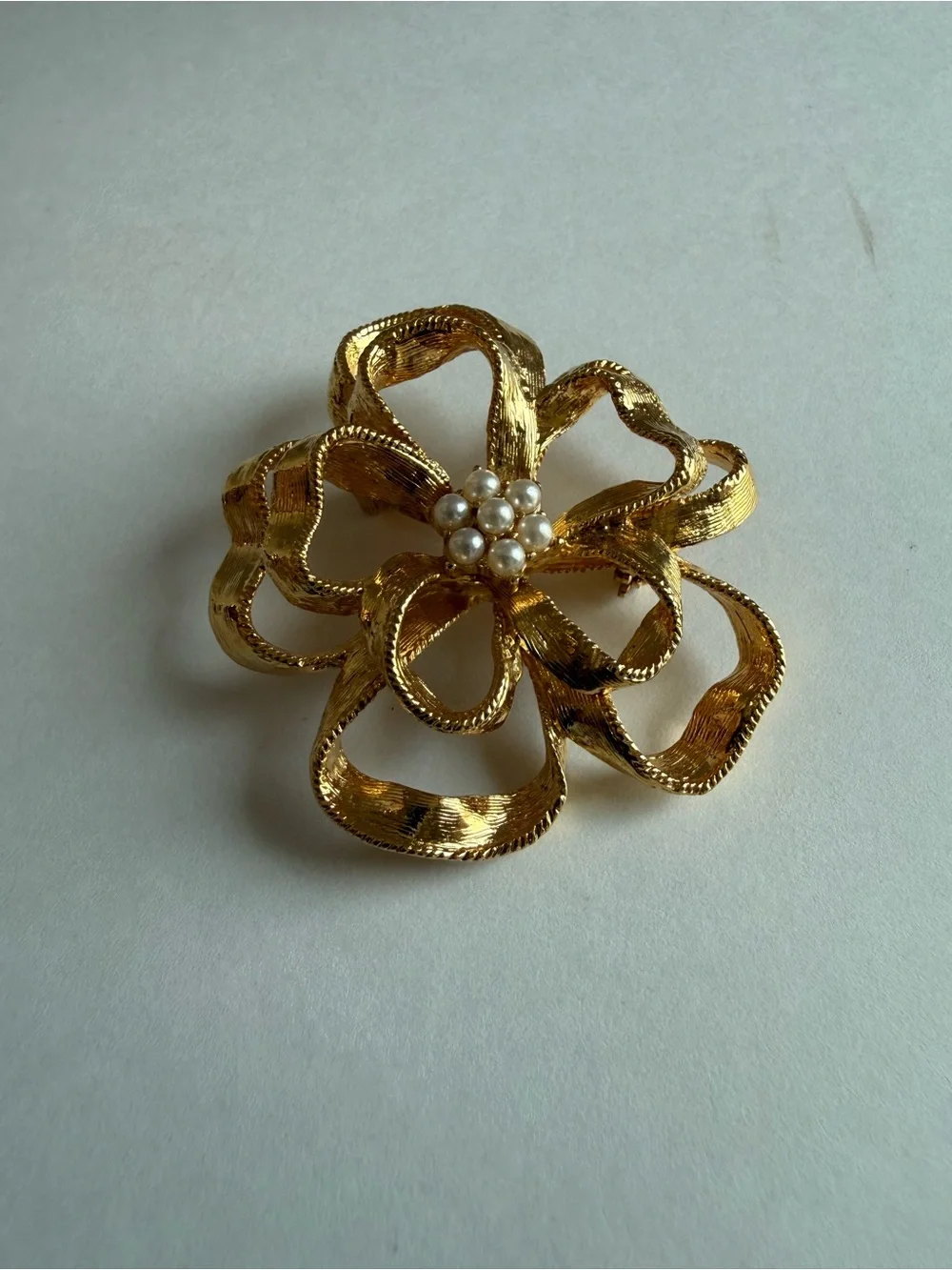 Vintage BSK Gold Ribbon Flower Brooch Faux Pearl Pin